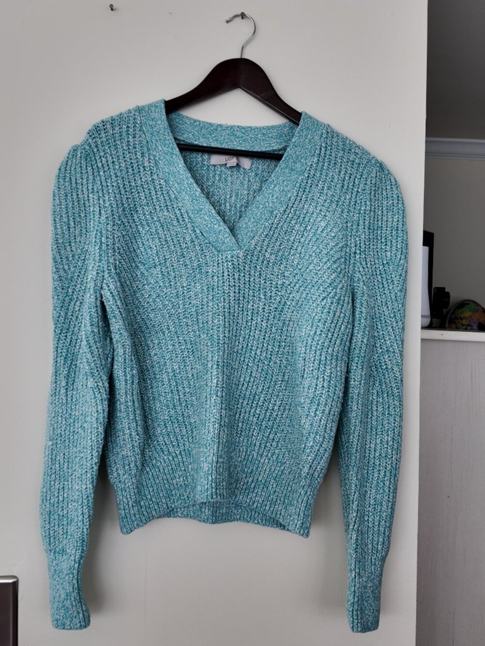 LOFT Teal Aqua Marled Knit V-Neck Puff Shoulder Sweater | Size L